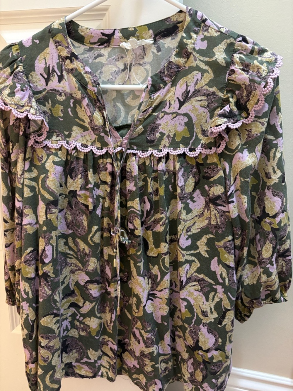 entro Olive Green Floral Tunic with Lavender Trim